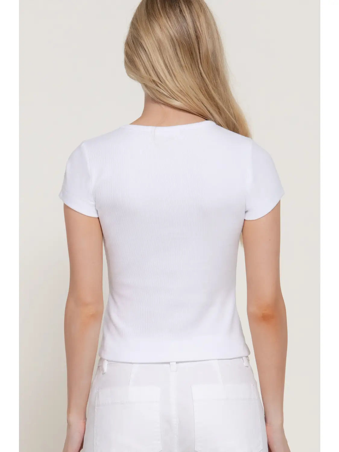 Ribbed White Henley Short Sleeve Fitted Crop Top
