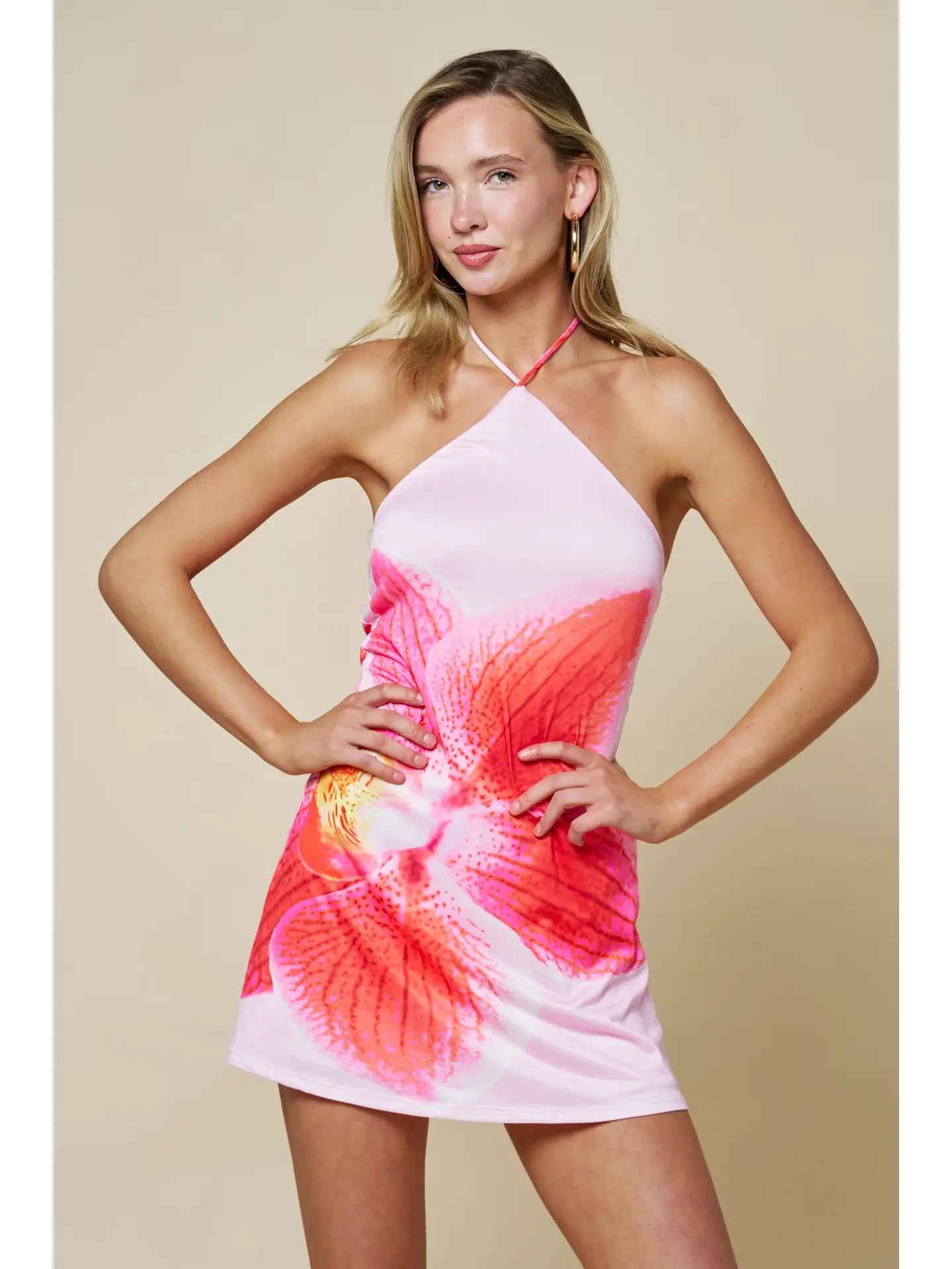 Halter Neck Mini Dress with Bold Floral Print and Open Back
