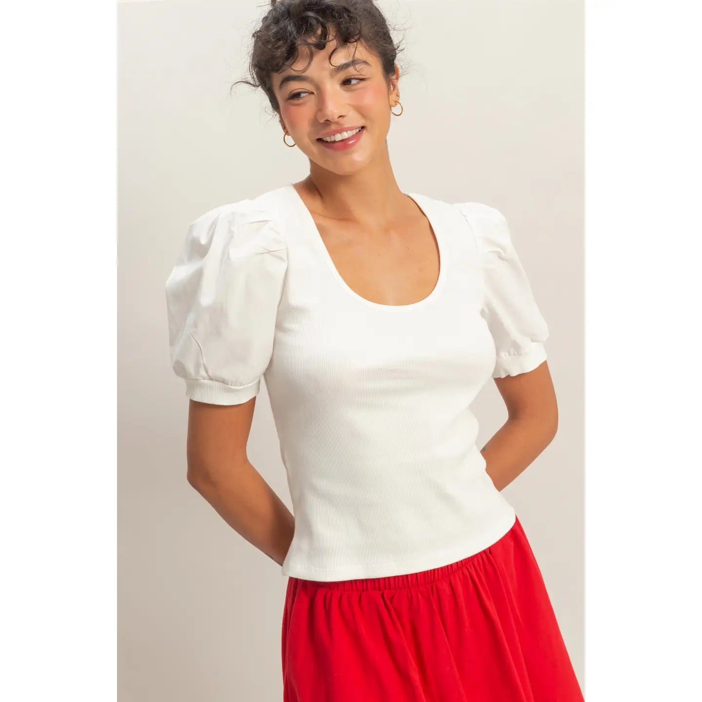 White Puff Sleeve Scoop Neck Fitted Top