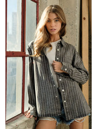 Gray Metallic Stripe Button-Down Shacket