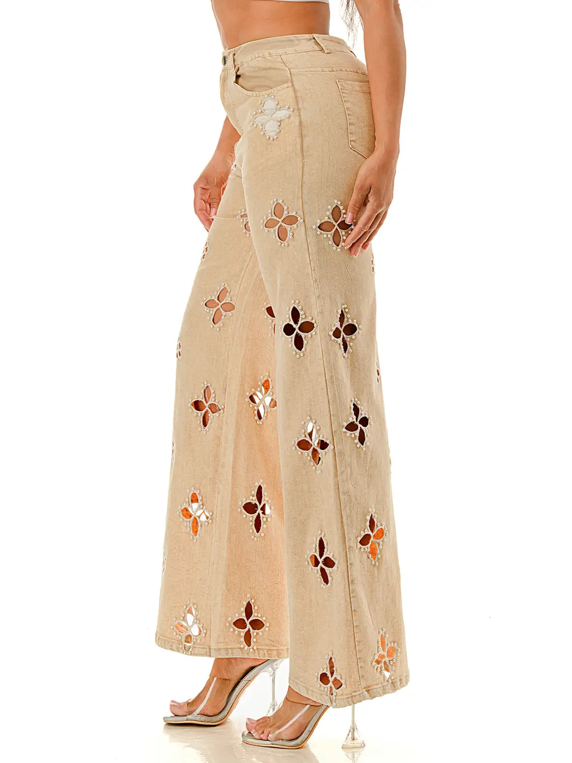 Beige Wide Leg Jeans with Pearl-Embellished Cutout Floral Detailing