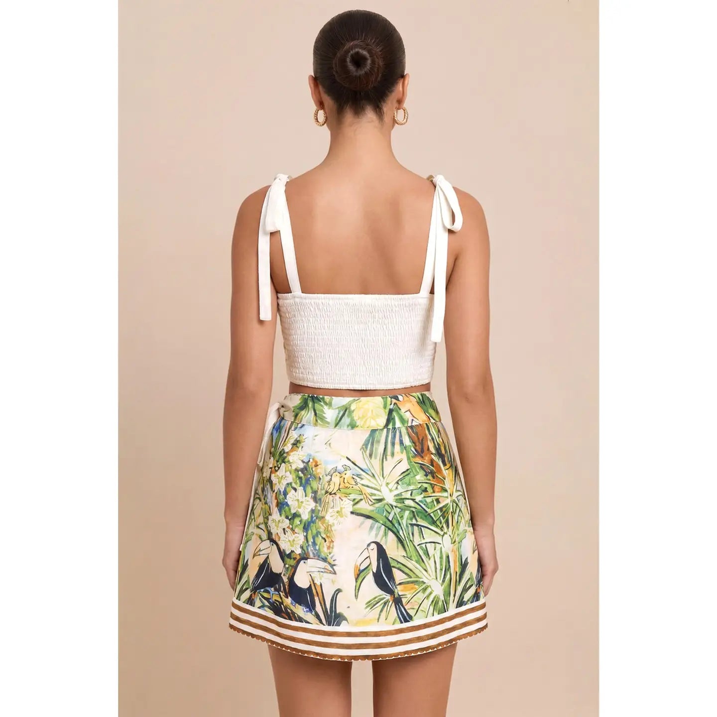Tropical Toucan Print Tie Strap Crop Top & Wrap Mini Skirt Set