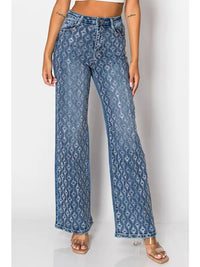Wide-Leg Denim Jeans with Silver Sequin Geometric Pattern Light Blue