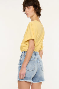 High Rise Distressed Denim Shorts with Frayed Hem