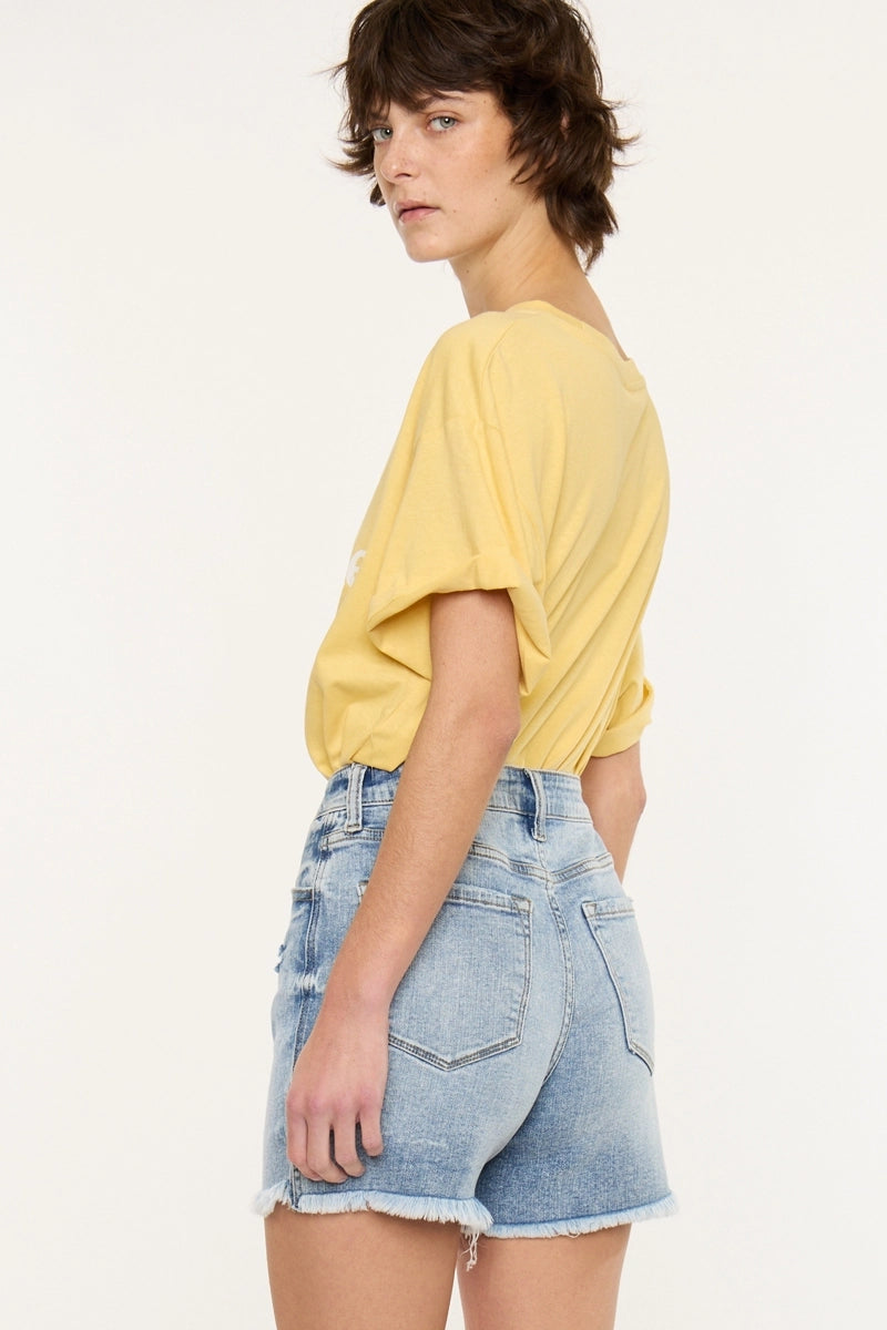 High Rise Distressed Denim Shorts with Frayed Hem