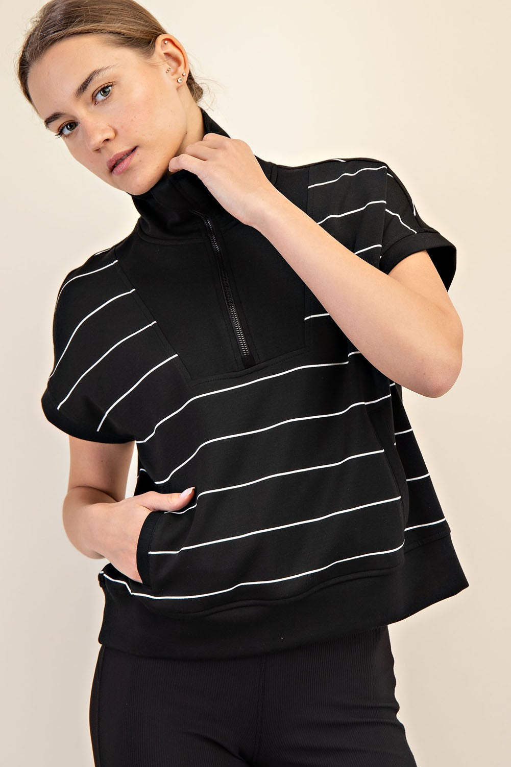 Striped Quarter Zip Short Sleeve Top