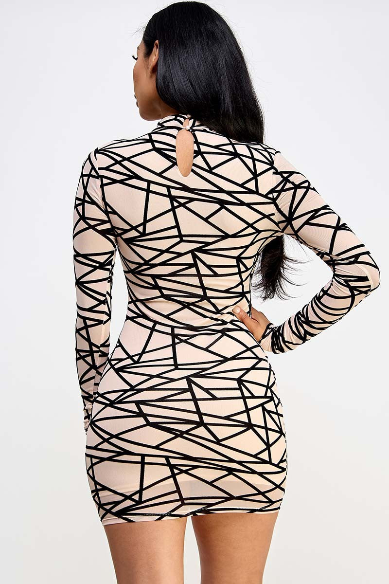 Geometric Mesh Long-Sleeve Mini Dress in Nude and Black