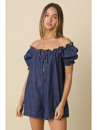 Off-Shoulder Denim Romper with Puff Sleeves and Smocked Neckline