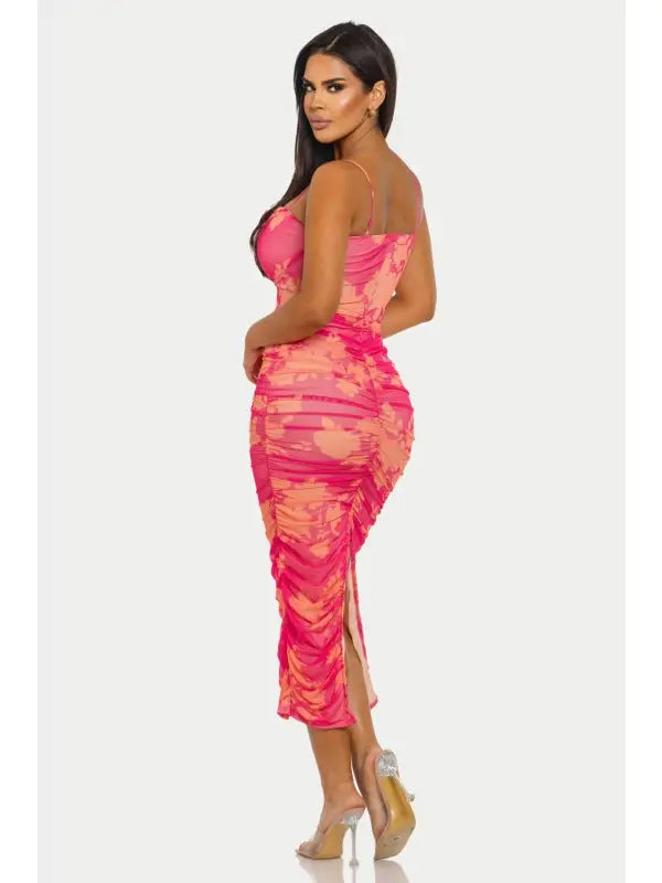 Floral Mesh Ruched Bodycon Midi Dress