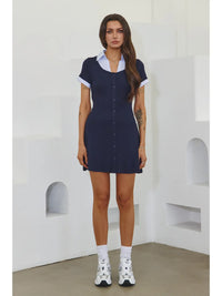 Preppy Contrast Collar Button Front Mini Dress