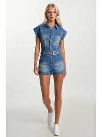 Floral Embroidered Studded Belted Denim Romper
