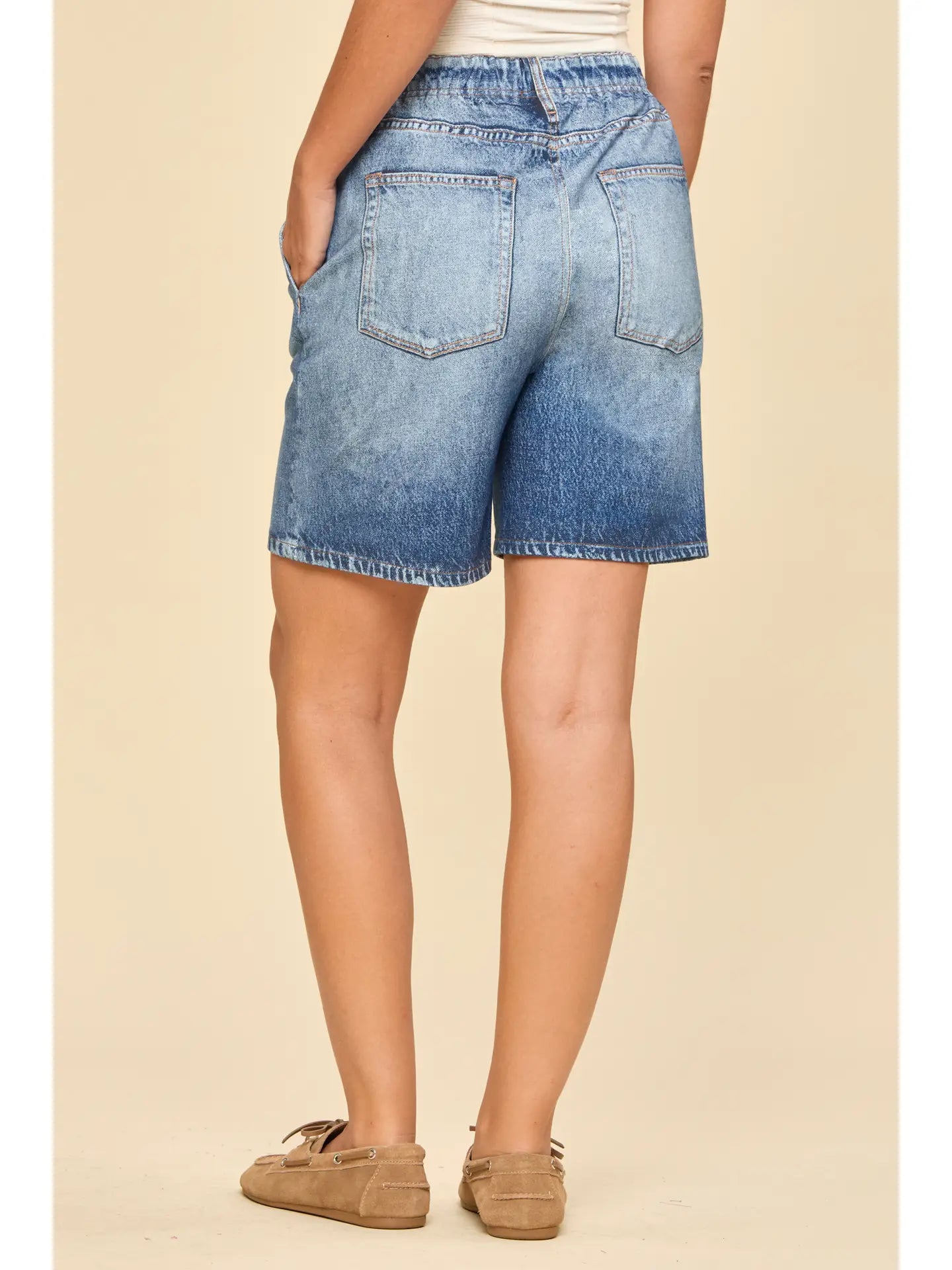 High Rise Elastic Waist Denim Shorts in Vintage Wash