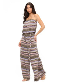Green Multi Zigzag Print Strapless Wide Leg Jumpsuit with Belt