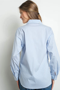 Blue Striped Button Down Shirt with Pearl Embellishments