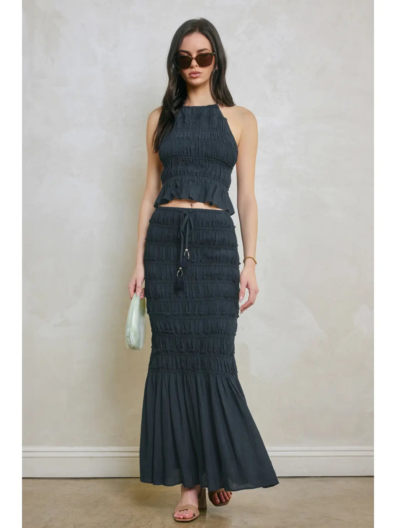 Navy Blue Smocked Mermaid Maxi Skirt with Drawstring Waist