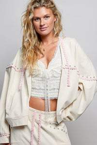 Cropped Zip-Up Hoodie with Stud Detail and Contrast Trim