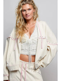Cropped Zip-Up Hoodie with Stud Detail and Contrast Trim