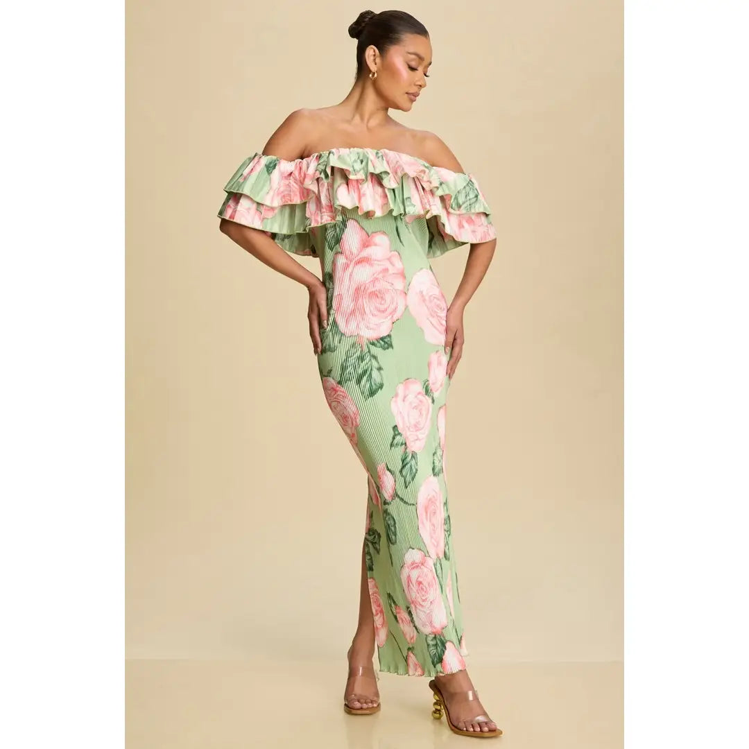 Floral Off-Shoulder Ruffle Maxi Dress in Sage and Pink L Floral Off-Shoulder Ruffle Maxi Dress in Sage and Pink L