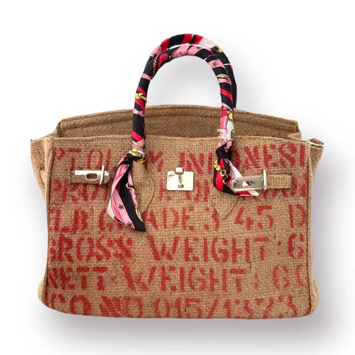 Burlap Tote Bag with Red Graphic Print and Scarf Wrapped Handles