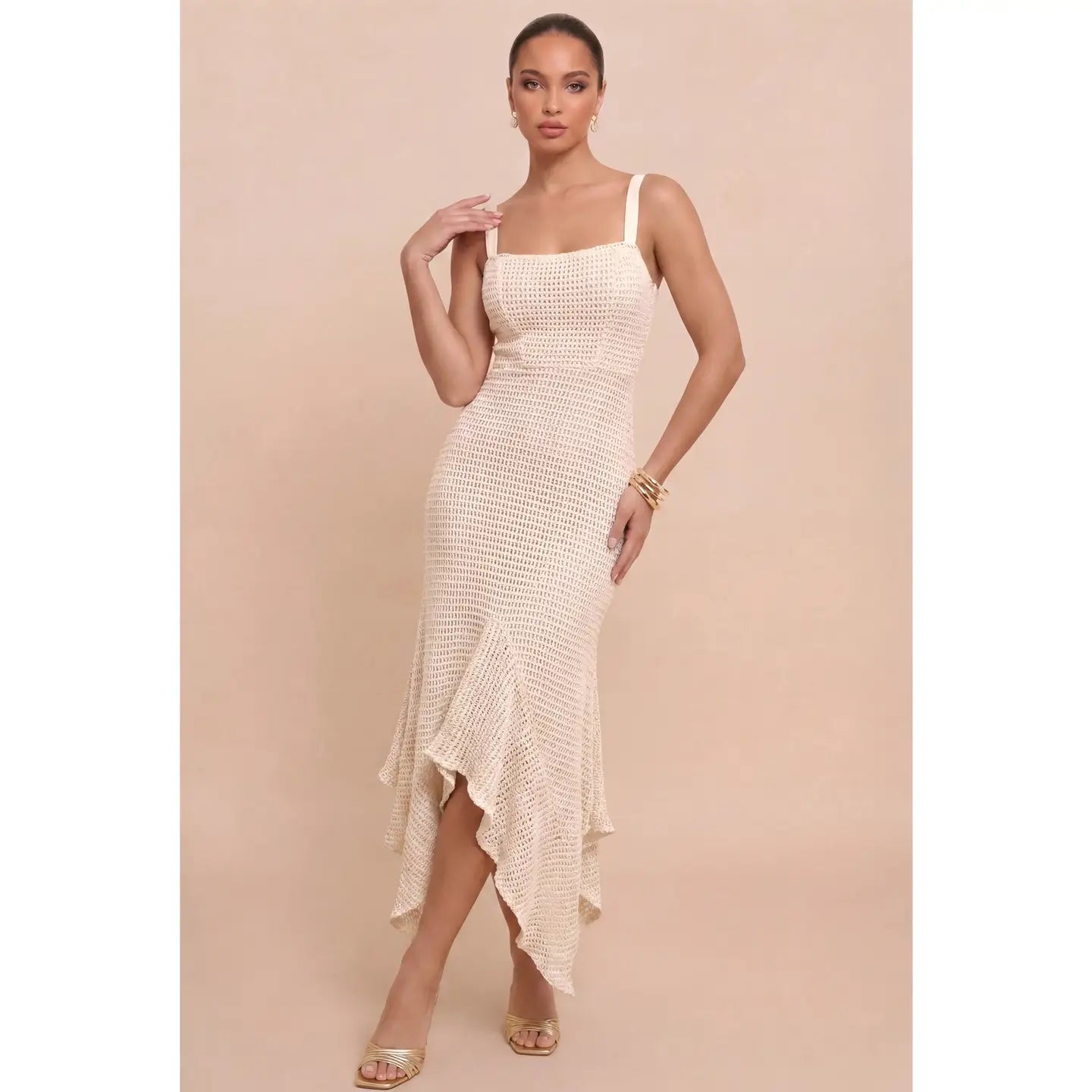 Textured Knit Asymmetrical Ruffle Hem Midi Dress with Wide Straps, M