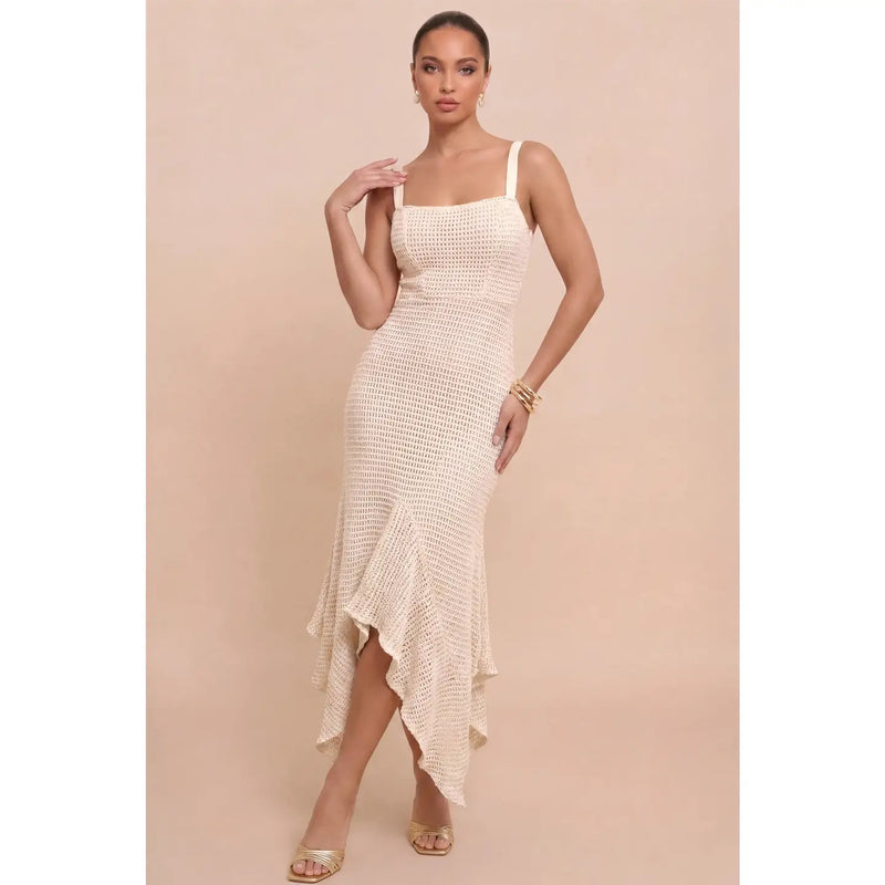 Textured Knit Asymmetrical Ruffle Hem Midi Dress with Wide Straps, M