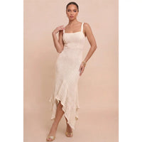 Textured Knit Asymmetrical Ruffle Hem Midi Dress with Wide Straps