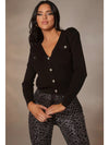 Black Button-Up Knit Cardigan with Crystal Accent Buttons