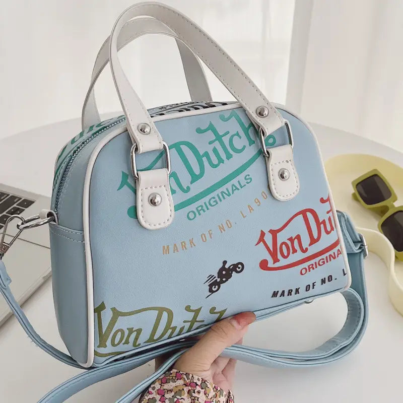Light Blue Vintage Print Mini Satchel with Top Handle and Crossbody Strap