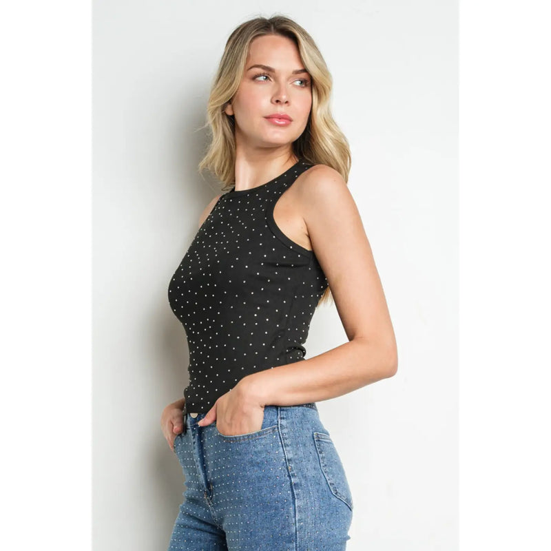 Embellished Sleeveless Black Tank Top