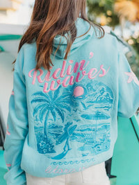 Blue Coastal Graphic Hoodie with Starfish Sleeve Detail