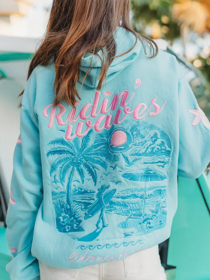 Blue Coastal Graphic Hoodie with Starfish Sleeve Detail