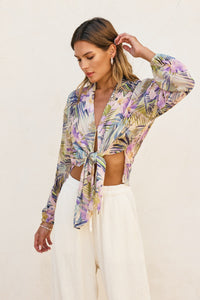 Tropical Lilac & Green Tie-Front Sheer Blouse