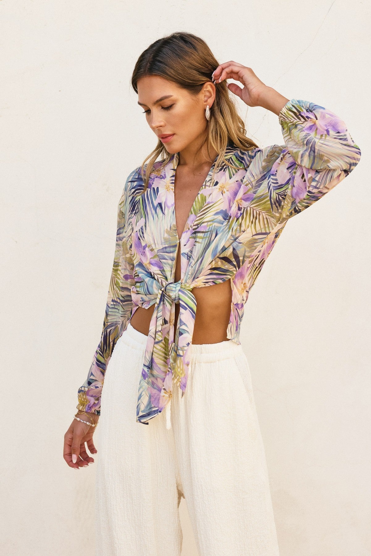Tropical Lilac & Green Tie-Front Sheer Blouse