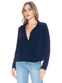 Navy Long Sleeve Surplice Blouse – Soft Draped V-Neck Collared Top