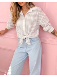 White Striped Button-Down Shirt with Front Tie Detail