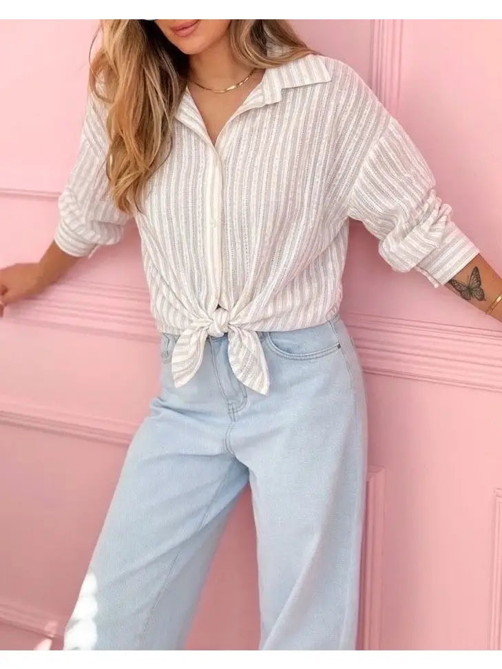 White Striped Button-Down Shirt with Front Tie Detail