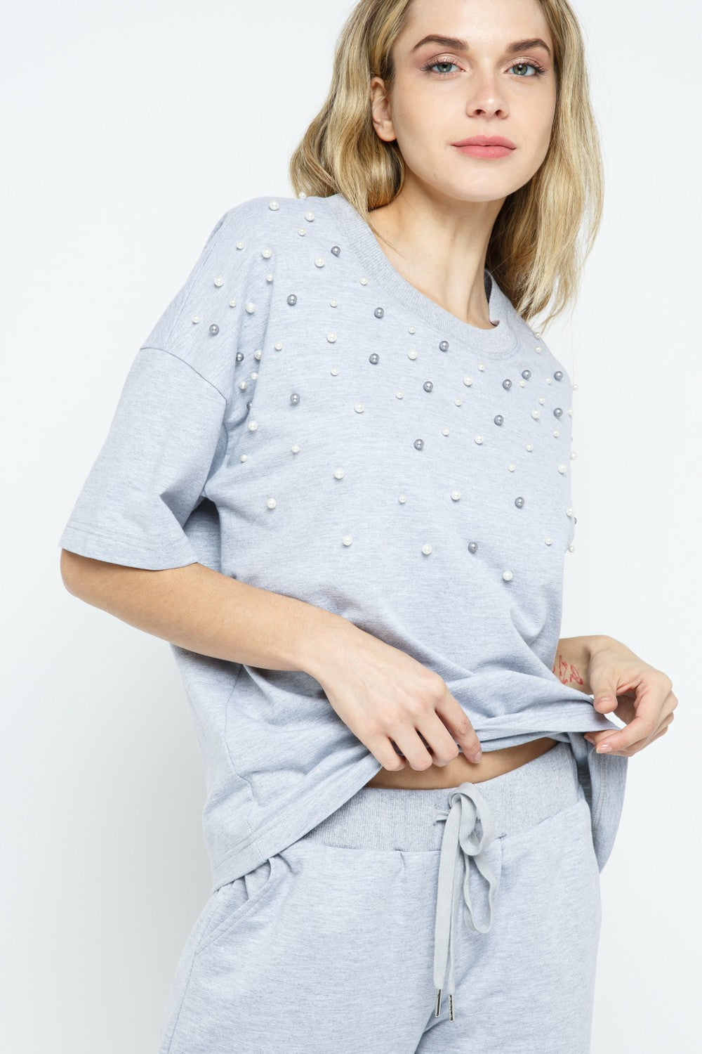 Grey Pearl Embellished Short Sleeve Top
