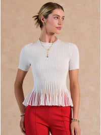 White Ribbed Knit Pleated Hem Short Sleeve Top