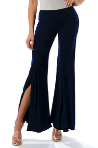 Navy Blue High-Waist Flare Pants with Side Slit Detail