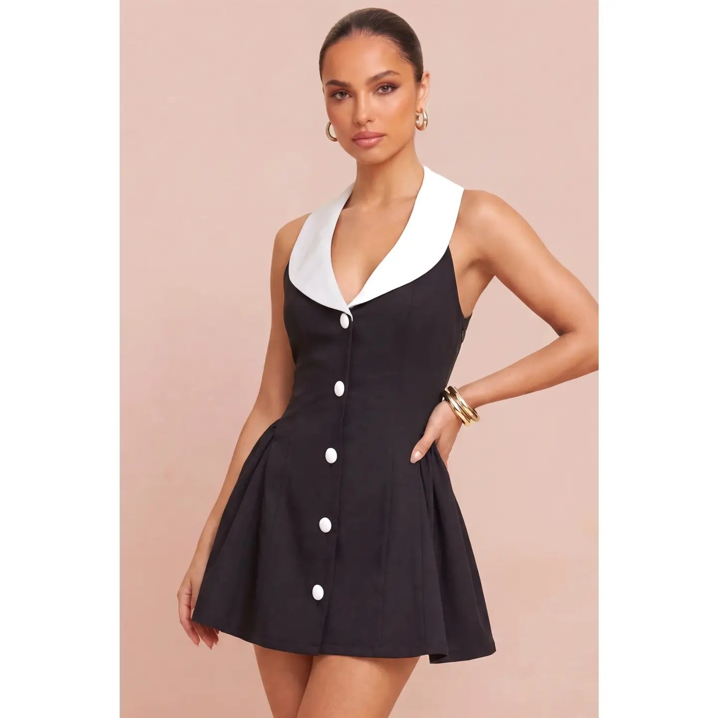 Black Halter Collar Button Front Fit & Flare Mini Dress