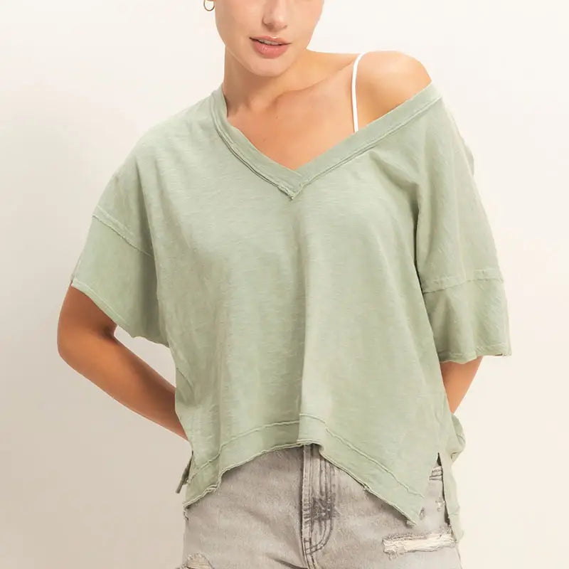 Sage Green Oversized V-Neck Raw Edge Tee
