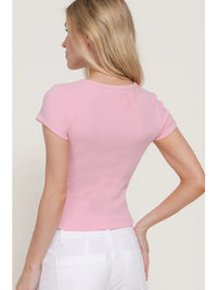 Ribbed Pink Henley Short Sleeve Fitted Crop Top