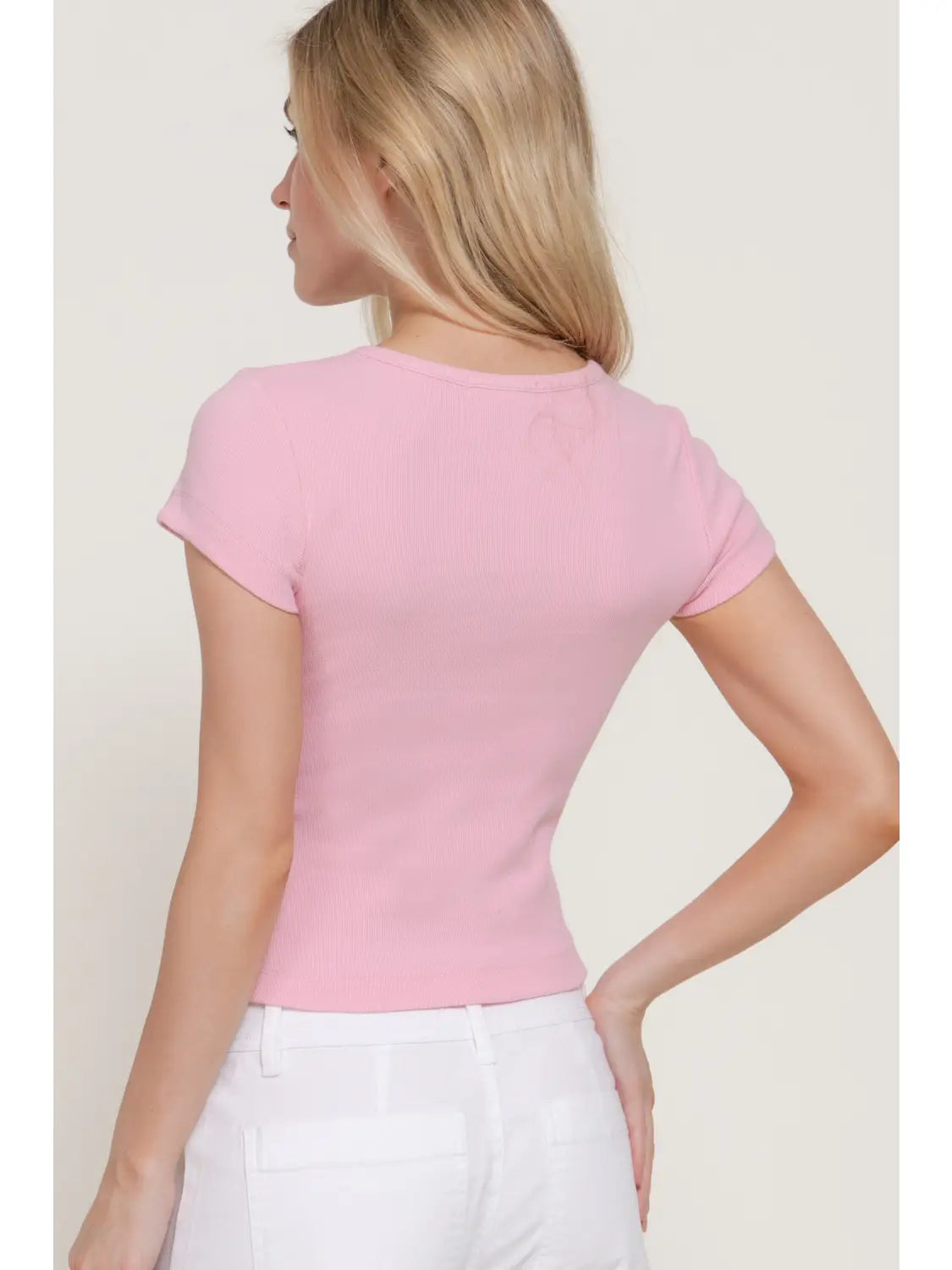 Ribbed Pink Henley Short Sleeve Fitted Crop Top