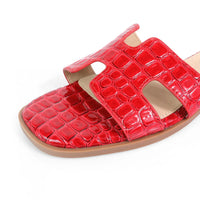 Red Croc Embossed Cutout Strap Flat Slide Sandals