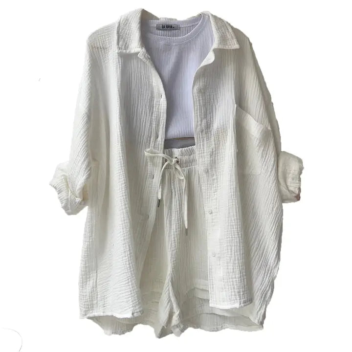 White Relaxed Button-Up Shirt and Drawstring Shorts Two-Piece Set