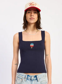 Blue Square Neck Ribbed Tank with Ice Cream Embroidery