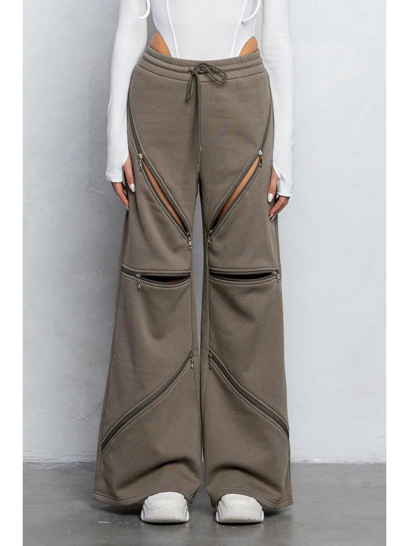 Ash Wide-Leg Sweatpants with Multi-Zipper Cutout Design