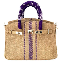 Natural Burlap Tote Bag with Purple Stripe Detail and Scarf Wrapped Handles
