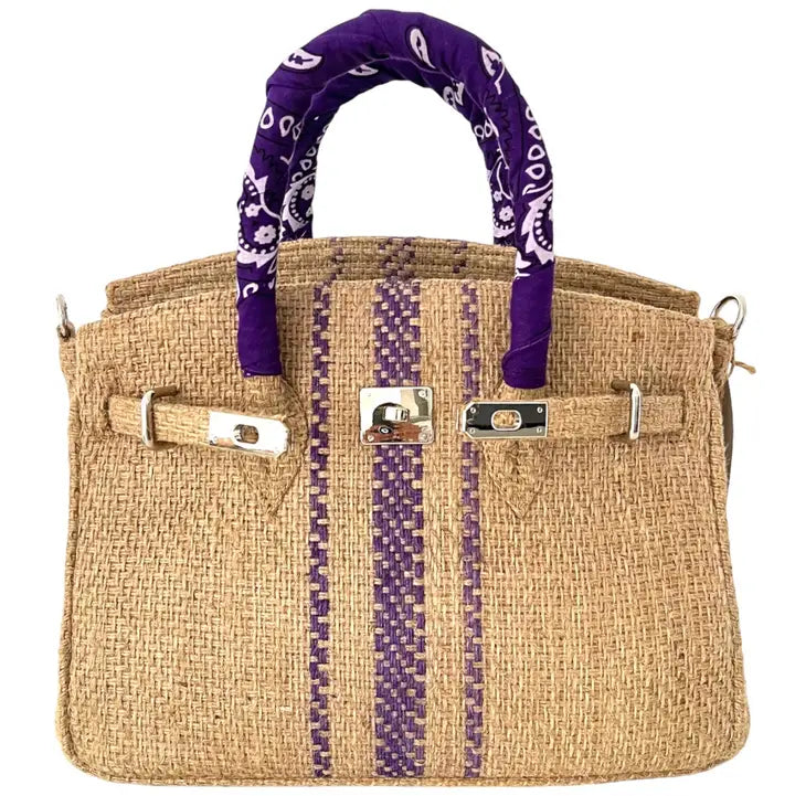 Natural Burlap Tote Bag with Purple Stripe Detail and Scarf Wrapped Handles