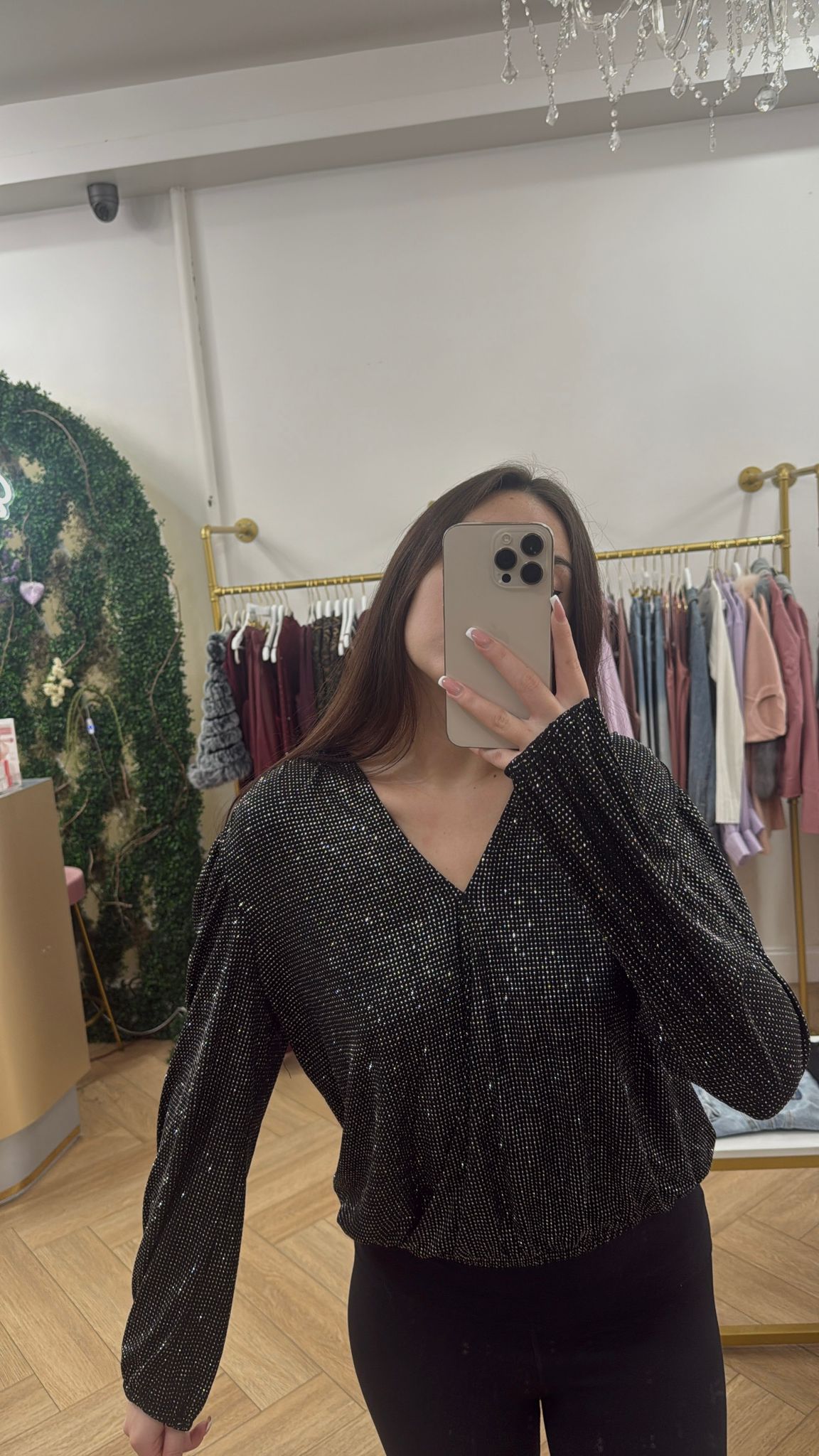 Black Glitter Long Sleeve Crossover Blouse